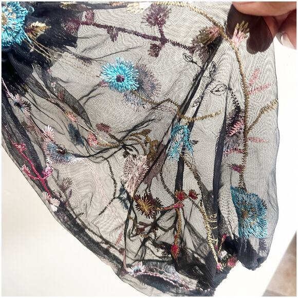 A New Day Sheer Mesh Peasant Top L Black Floral Embroidered Goth Whimsical - Picture 12 of 12